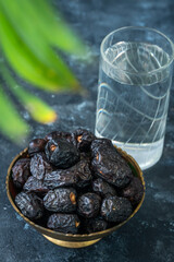 Glass of water with dates Iftar background