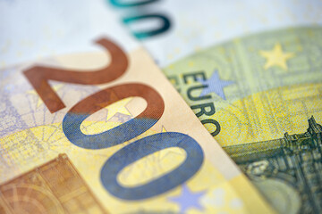 Close-up of a 200 euro banknote. Two hundred euros bills