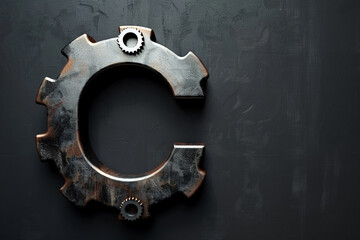 Metallic steampunk alphabet with gears and rivets isolated on black background, capital letter C with 3D rendering and metal texture, creative retro abc for poster, wallpaper, movie. 
