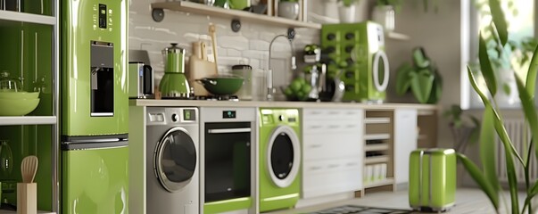 Modern Kitchen with Green Appliances and Yellow Accents - obrazy, fototapety, plakaty