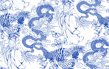 Fototapeta na wymiar Seamless pattern with chinese motifs - unicorns, fairies and flowers. In style Toile de Jou.