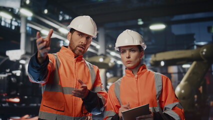 Two factory specialists controlling work machinery at production close up.