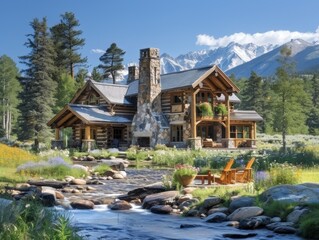 Obraz premium A ranch house nestled in the foothills of snow-capped mountains