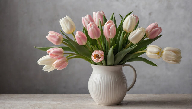 A bouquet of pale pink and white tulips in a white vase. generative AI