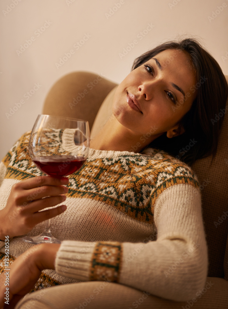 Sticker Woman, thinking and relax in home with red wine for daydreaming, wellness and weekend break with smile. Person, face and thoughtful in living room with alcohol for antioxidant or celebration in house