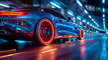 3D rendering of a sports car in the city at night. Car on the road with motion blur background,hong kong. Street racing videogame gameplay. Sport car with motion blur on the road. 
