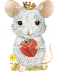 weiße Maus mit Krone,Erdbeere und Löwenzahn Blüten