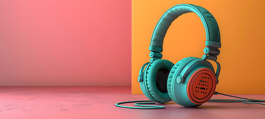 A sleek, modern pair of teal headphones rest against a vibrant pink and yellow background, conveying a sense of contemporary style and entertainment. Stylish headphones on pink and yellow backdrop. - obrazy, fototapety, plakaty