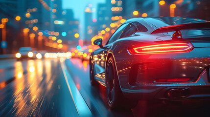 Sport car on the road with motion blur background. 3d rendering. Street racing videogame gameplay. Sport car with motion blur on the road. Concept of fast driving. Car on the road in the city at night