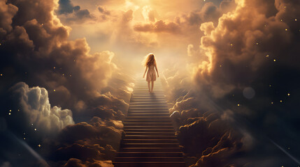 Obraz premium Conceptual image of a woman standing on the top of a stairway to heaven. A person ascends a staircase leading to a bright, celestial light amidst billowing clouds, invoking themes of hope, journey.