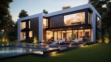 Obraz premium A sleek and minimalist modern house with floor-to-ceiling windows