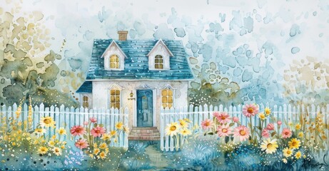 Obraz premium A charming watercolor painting featuring a house surrounded by a fence and colorful flowers.