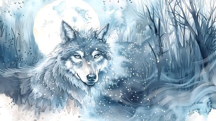 Watercolor Wolf Illustration in Winter Night