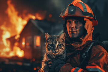 A fireman holds a saved scared cat in his arms. Burning house in the background.