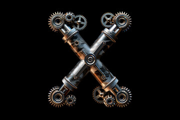 Metallic steampunk alphabet with gears and rivets isolated on black background, capital letter X with 3D rendering and metal texture, creative retro abc for poster, wallpaper, movie. 
