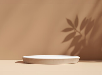 Product display on empty brown and beige room with natural leaves shadows