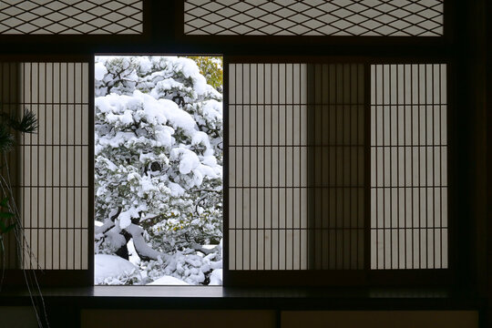 京都市岩倉妙満寺 雪見障子から覗く雪の庭