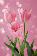 Vibrant pink tulips with sparkling dew drops present a fresh, serene and soft atmosphere in nature's beauty. Hello spring.