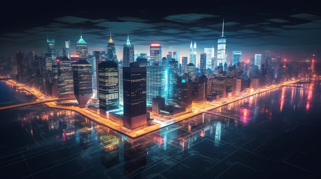 Aerial view of city at night, brightly lit streets, cityscape, skyline © ma