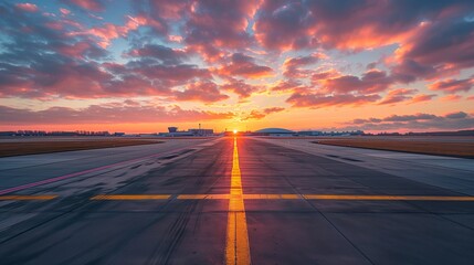 Naklejka premium Airport Runway with Colorful Sky. Vibrant sunset skies over an airport runway, highlighting the golden hour with reflections on the tarmac and a feeling of wanderlust.