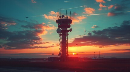 Air traffic control tower. The silhouette of an air traffic control tower stands against a dramatic sunset sky, with an airplane visible in the distance. - obrazy, fototapety, plakaty