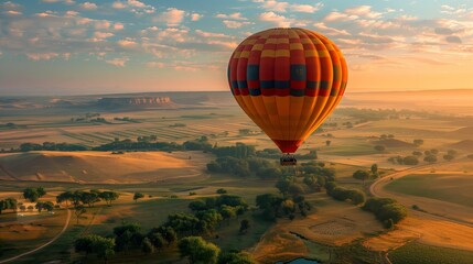A picturesque hot air balloon ride during sunrise, overlooking a patchwork of agricultural fields and meadows.