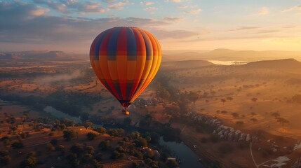 Early morning hot air balloon flight over serene valleys and a winding river, under a soft sunrise sky.