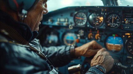 An experienced pilot with weathered hands makes precise adjustments to the cockpit controls of an aircraft. - obrazy, fototapety, plakaty