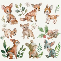 Animals in the Woodland Illustration in watercolor