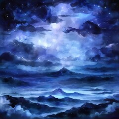 Mystical Night Sky with Stars and Gentle Mountains Tranquil Nature Art