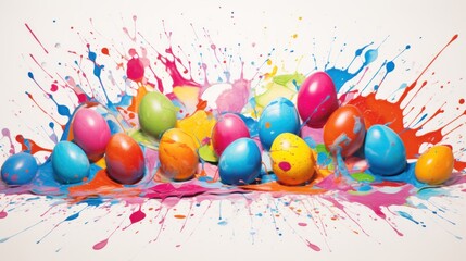 Colorful painted Easter eggs exploding with vibrant dye splatters