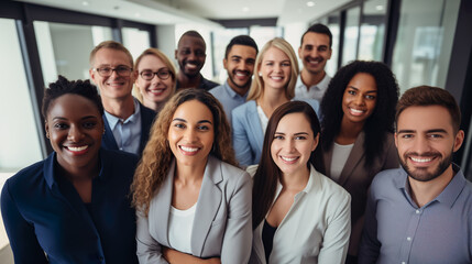 Diverse group of employees project team standing together in modern business building - group selfi portrait of cheerful and joyful young and senior employees colleagues