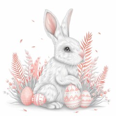 A white rabbit sits with Easter eggs in a garden full of flowers.......