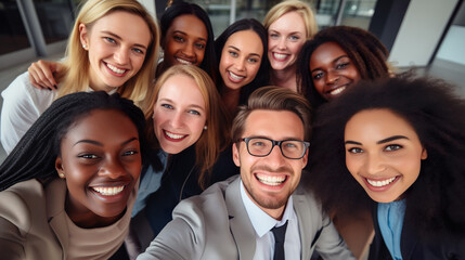 Diverse group of employees project team standing together in modern business building - group selfi portrait of cheerful and joyful young and senior employees colleagues
