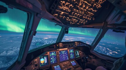 Beautiful northern lights view from a flying airplane.