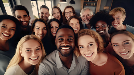Obraz premium Diverse group of employees project team standing together in modern business building - group selfi portrait of cheerful and joyful young and senior employees colleagues