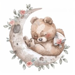 On the moon, a cute baby bear sleeps