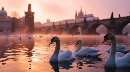 Swan in river with beautiful historical buildings of Prague city in Czech Republic in Europe. - obrazy, fototapety, plakaty