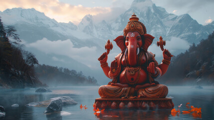 Ganesha's Majesty: Performance Art with Himalayan Backdrop
 - obrazy, fototapety, plakaty