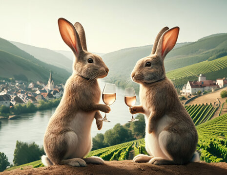 Ein Hasenpaar steht auf einer Anh&ouml;he und trinkt wei&szlig;en Wein. Im Hintergrund ein Flu&szlig; und Weinberge