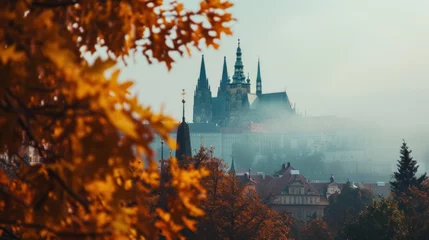 Poster Autumn foliage with beautiful historical buildings of Prague city in Czech Republic in Europe. © Joyce
