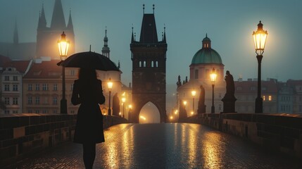 Silhouette of a girl in Charles bridge with historic buildings in the city of Prague, Czech Republic in Europe.