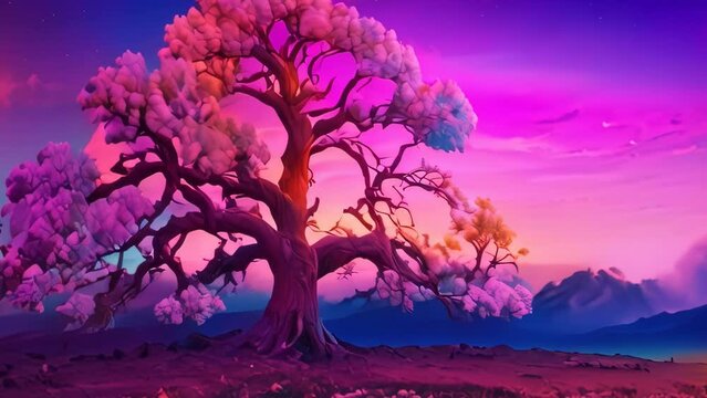 Video animation footage of majestic tree with sprawling branches and lush foliage, set against a vibrant backdrop of a sunset or sunrise. The sky is painted creating a surreal atmosphere.