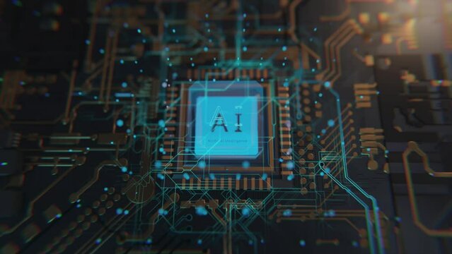 Micro Chip Processor with integrated AI on computer circuitboard, artificial intelligence technology concept