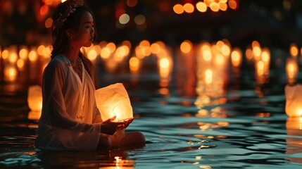 A young graceful lady release a water lantern in river to celebrate Chinese lunar new year. - obrazy, fototapety, plakaty