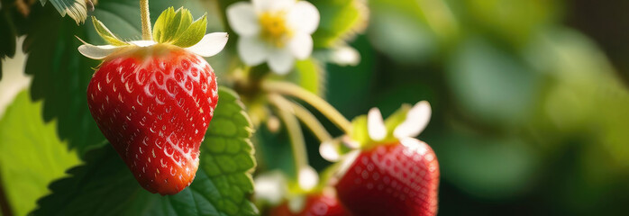 Closeup of ripe strawberries and strawberry flowers on bushes in a garden. Harvest on a strawberry...