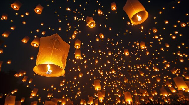 Many sky lantern taking off to celebrate Chinese lunar new year.