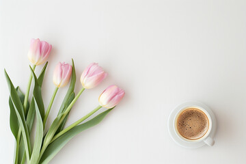 Cup of coffee and tulips on white background.reative copy space.Minimal concept.