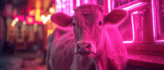 Foto op Plexiglas a cow that is standing in a room with neon lights © Masum