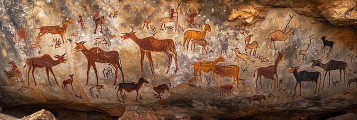 Prehistoric rock painting on ancient cave wall by caveman. - obrazy, fototapety, plakaty